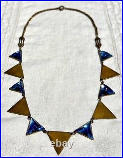 Vintage 1930s Art Deco BLUE TRIANGLE Czech Vauxhall Glass Necklace