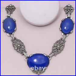 Vintage 1930s Art Deco Blue Chalcedony Sterling Silver Marcasite Necklace