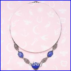 Vintage 1930s Art Deco Blue Chalcedony Sterling Silver Marcasite Necklace