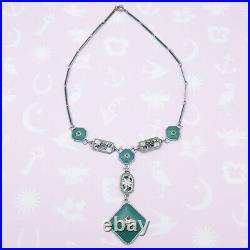 Vintage 1930s Art Deco Chrysoprase Glass Enamel Flower Pendant Necklace