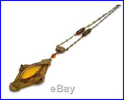 Vintage 1930s Art Deco Czech Style Topaz Glass Necklace, Rhinestone Glass Bead