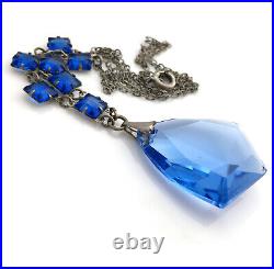Vintage 1930s Art Deco Geometric Blue Glass Necklace, Faceted Pendant Choker