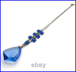 Vintage 1930s Art Deco Geometric Blue Glass Necklace, Faceted Pendant Choker