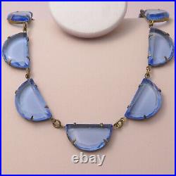 Vintage 1930s Art Deco Signed Czech Demilune Blue Glass Necklace