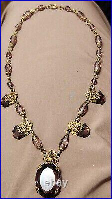 Vintage 1930s Art Deco Signed Czech Purple Glass Pendant Necklace