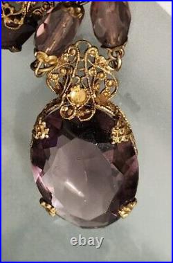 Vintage 1930s Art Deco Signed Czech Purple Glass Pendant Necklace