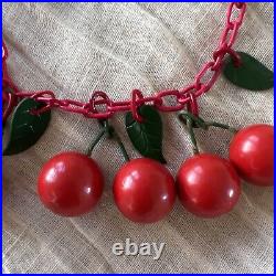 Vintage 1930s Bakelite Cherry Necklace Celluloid Chain Fruit Jewelry Art Deco