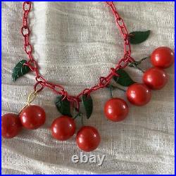 Vintage 1930s Bakelite Cherry Necklace Celluloid Chain Fruit Jewelry Art Deco