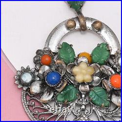 Vintage 1930s Czech Art Deco Molded Flower Leaf Basket Glass Pendant Necklace