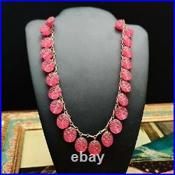 Vintage 20's Art Deco Molded Pressed Glass Czech Necklace Pink Red Raspberry Cha