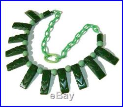 Vintage 30s Bakelite Necklace Carved Green Art Deco Choker