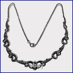 Vintage 925 Sterling Silver Ornate Art Deco Marcasite 16 Inch Necklace -5373