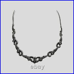 Vintage 925 Sterling Silver Ornate Art Deco Marcasite 16 Inch Necklace -5373