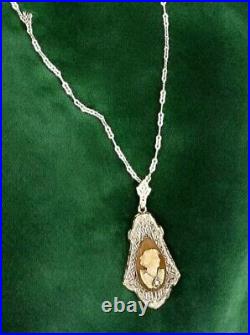 Vintage ANTIQUE ART DECO Sterling Silver CARVED SHELL CAMEO WithDIAMOND Necklace