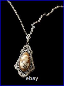 Vintage ANTIQUE ART DECO Sterling Silver CARVED SHELL CAMEO WithDIAMOND Necklace