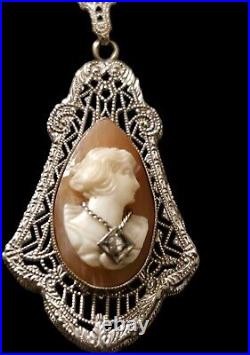 Vintage ANTIQUE ART DECO Sterling Silver CARVED SHELL CAMEO WithDIAMOND Necklace