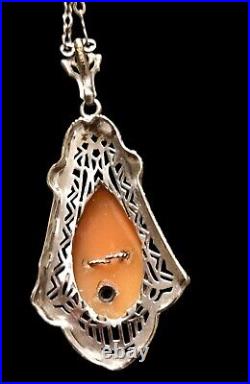 Vintage ANTIQUE ART DECO Sterling Silver CARVED SHELL CAMEO WithDIAMOND Necklace