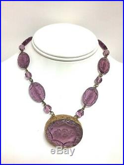 Vintage ART DECO 1920's CZECH Amethyst Purple Glass Etched Necklace Gorgeous