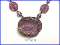 Vintage ART DECO 1920's CZECH Amethyst Purple Glass Etched Necklace Gorgeous