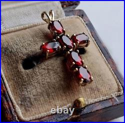 Vintage ART DECO 3ct Simulated Garnet Cross Pendant Necklace Yellow Gold Plated