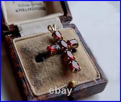 Vintage ART DECO 3ct Simulated Garnet Cross Pendant Necklace Yellow Gold Plated