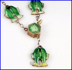 Vintage ART DECO Amazing Detailed Sterling Silver Green Fish Pisces Necklace