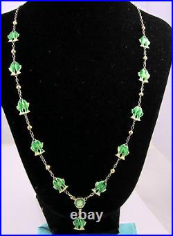 Vintage ART DECO Amazing Detailed Sterling Silver Green Fish Pisces Necklace
