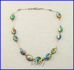 Vintage ART DECO Bohemian Peacock Foil Rainbow Glass Necklace 9K Gold Venetian