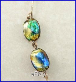 Vintage ART DECO Bohemian Peacock Foil Rainbow Glass Necklace 9K Gold Venetian