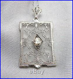 Vintage ART DECO CAMPHOR Rock Crystal DIAMOND 14K White GOLD Pendant Necklace