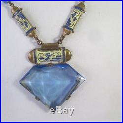 Vintage ART DECO CZECH GLASS ENAMEL LAVALIER NECKLACE Brass Bow Chain 18.5
