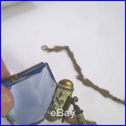 Vintage ART DECO CZECH GLASS ENAMEL LAVALIER NECKLACE Brass Bow Chain 18.5