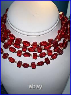 Vintage ART DECO Hand Cut RED Glass CUBE OVAL Hand Knotted FLAPPER NECKLACE 55
