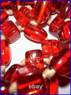 Vintage ART DECO Hand Cut RED Glass CUBE OVAL Hand Knotted FLAPPER NECKLACE 55