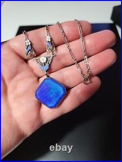 Vintage ART DECO Lapis Blue Glass Enamel floral pendant NECKLACE Paperclip Chain