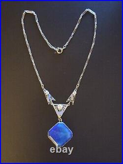 Vintage ART DECO Lapis Blue Glass Enamel floral pendant NECKLACE Paperclip Chain