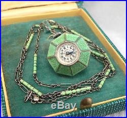 Vintage ART DECO STERLING SILVER Green ENAMEL Pendant Ball WATCH Chain Necklace