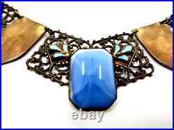 Vintage ART DECO Star Blue Czech Glass Enamel Fleur de Lis Choker Necklace