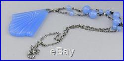 Vintage ART DECO Sterling Silver Periwinkle BLUE / Chalcedony GLASS NECKLACE