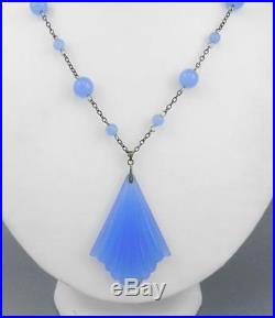 Vintage ART DECO Sterling Silver Periwinkle BLUE / Chalcedony GLASS NECKLACE