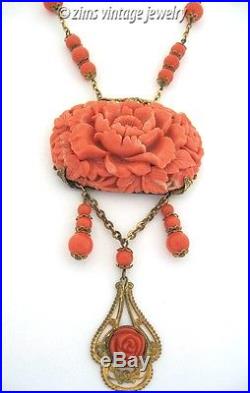 Vintage ART DECO brass filigree carved celluloid Coral FLOWER Fringe NECKLACE