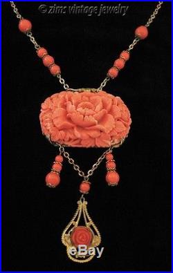 Vintage ART DECO brass filigree carved celluloid Coral FLOWER Fringe NECKLACE