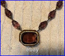 Vintage Amethyst Art Deco Czech Brass Filigree necklace And Matching Bracelet