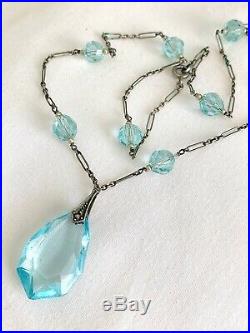 Vintage Antique Art Deco Aqua Blue Crystal Seed Pearls Paste Open Back Necklace