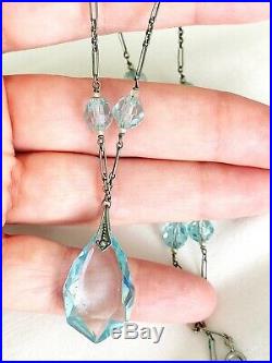 Vintage Antique Art Deco Aqua Blue Crystal Seed Pearls Paste Open Back Necklace