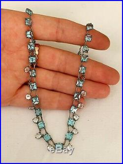Vintage Antique Art Deco Aquamarine Paste Crystal Glass Open Back Bezel Necklace