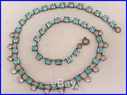 Vintage Antique Art Deco Aquamarine Paste Crystal Glass Open Back Bezel Necklace