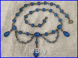 Vintage Antique Art Deco Blue Glass Paste Festoon Rivière Bezel Set Necklace