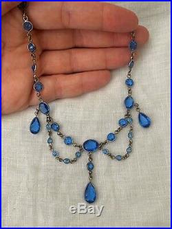 Vintage Antique Art Deco Blue Glass Paste Festoon Rivière Bezel Set Necklace