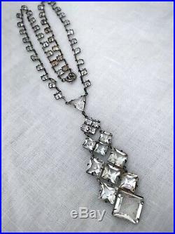 Vintage Antique Art Deco Crystal Paste Sterling Open Back Bezel Lariat Necklace